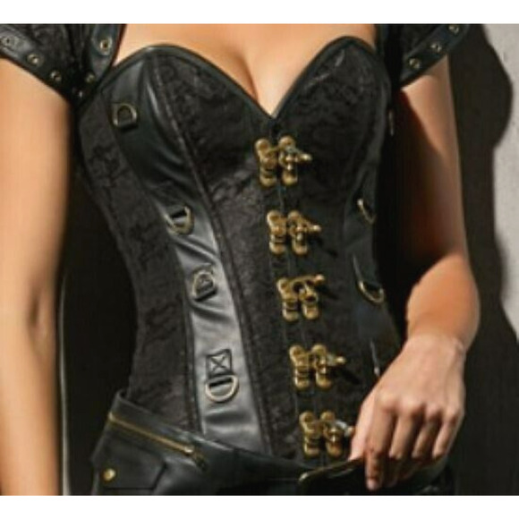 6X Black Steel Boned Steampunk Goth Witch Brocade Floral Leather Overbust Corset - Picture 1 of 14